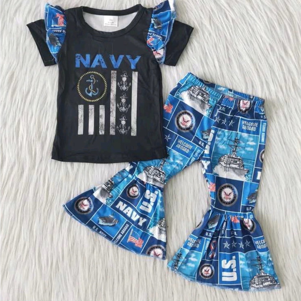 Navy Ruffle Sleeve Top & Nautical Flare Pants Set - Blue & Black